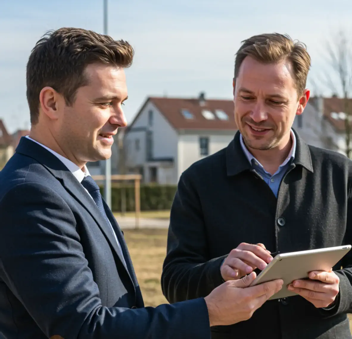 Deux professionnels consultant l’analyse d’un PLU sur tablette sur le terrain